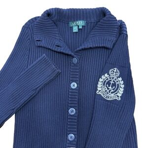 Lauren Ralph Lauren Navy Blue Ribbed Cardigan with Crest Patch
